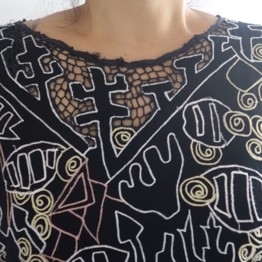 Vintage Boho Embroidered Geometric Blouse M Japan